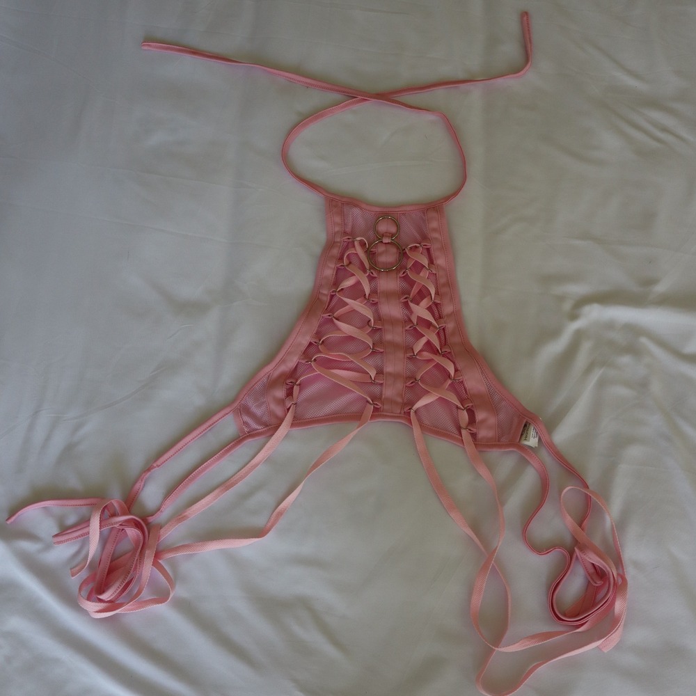 IHeartRaves Cropped Halter Top Women's Small Rave Festival Pink Lace Up Mesh Y2K